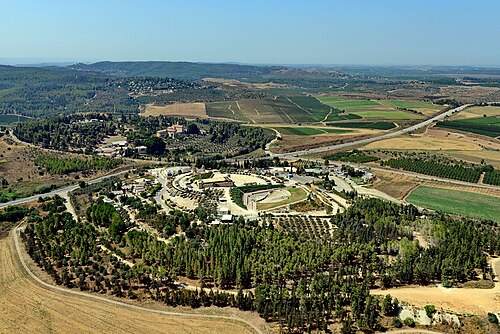 panorama of a region including Khirbet Hamideh, which is not visible beyond the Latrun monastery