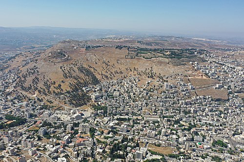 aerial panorama facing south of Mount Gerizim