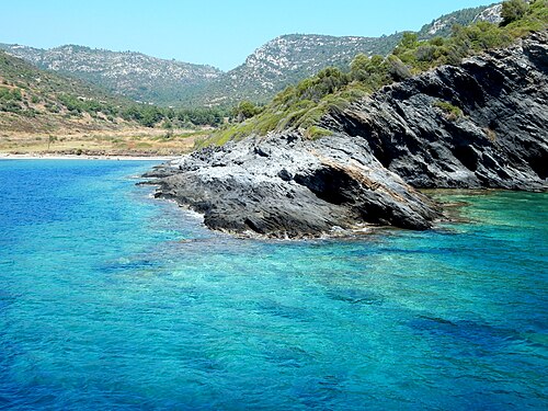 panorama of a beach and hills in Ionia